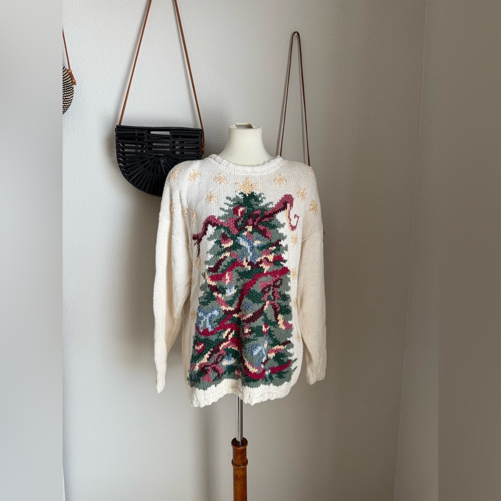 Vintage Carly St. Claire Cream Christmas Tree Knit Sweater, Size Large